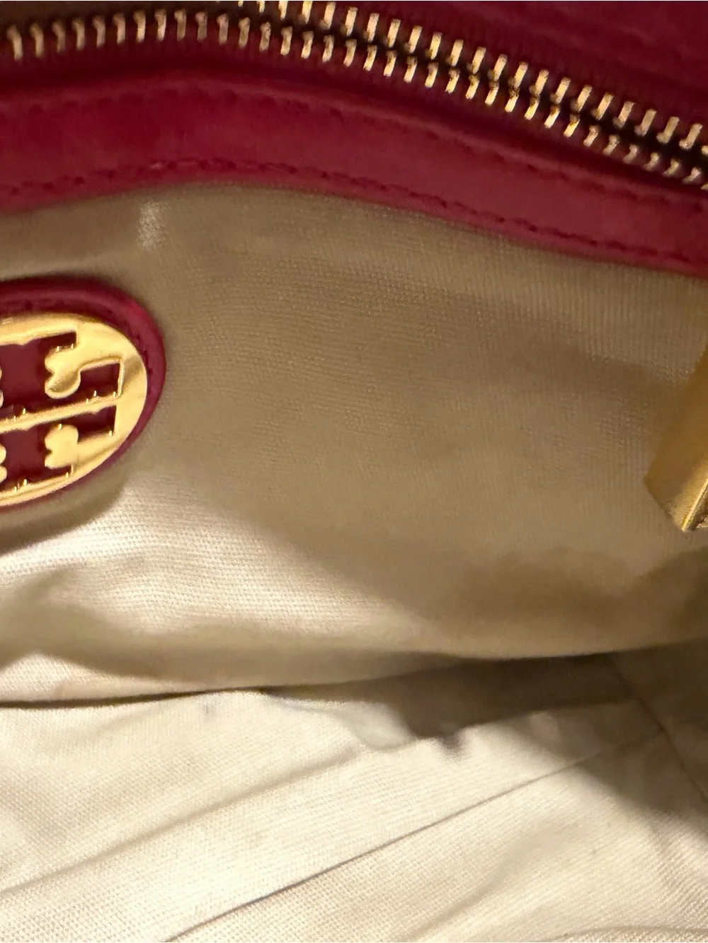 Vintage Tory Burch Fuchsia Distressed Leather Shoulder Bag with Gold Chain